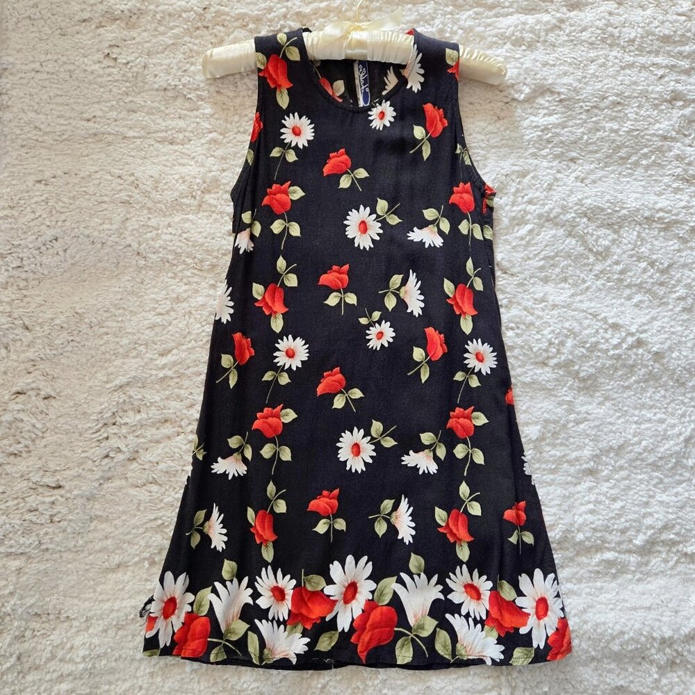 Vintage 90s Black Floral Dress Rose Daisy Print Short Sleeveless Size M Fairy